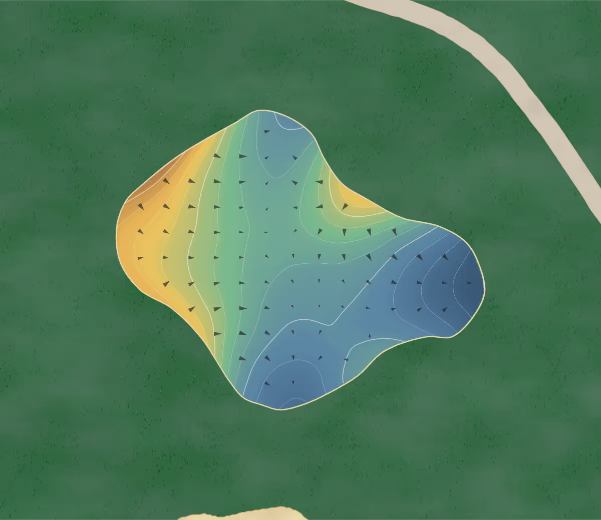 Green contour map of Forrest Crossing in Franklin, Tennessee: 209 elevation contours at a 3-inch interval with fall-line arrows, traced from 1-meter lidar