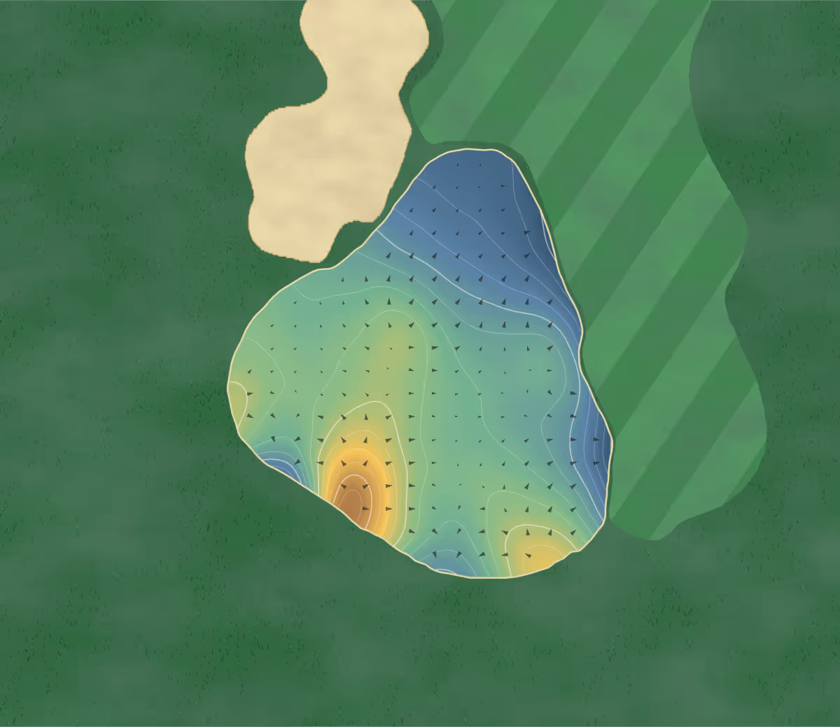 Green contour map of Fort McMurray in Fort McMurray, Canada — 14 elevation contours at a 8-centimeter interval with fall-line arrows, traced from 1-meter lidar