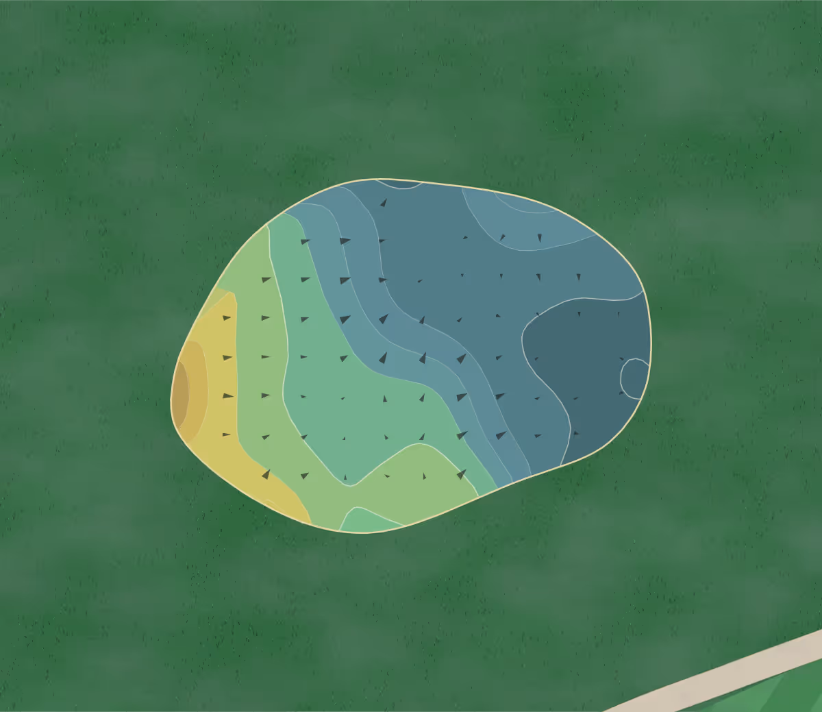 Green contour map of Fort Washington in Fresno, California — 172 elevation contours at a 3-inch interval with fall-line arrows, traced from 1-meter lidar