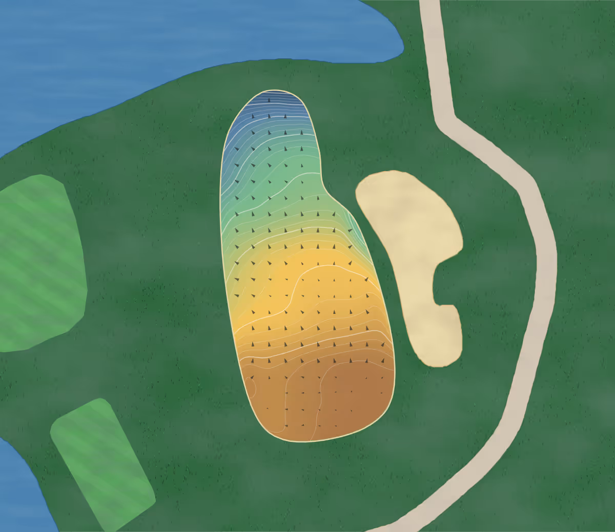 Green contour map of Fort William Country Club in Thunder Bay, Canada — 133 elevation contours at a 8-centimeter interval with fall-line arrows, traced from 1-meter lidar