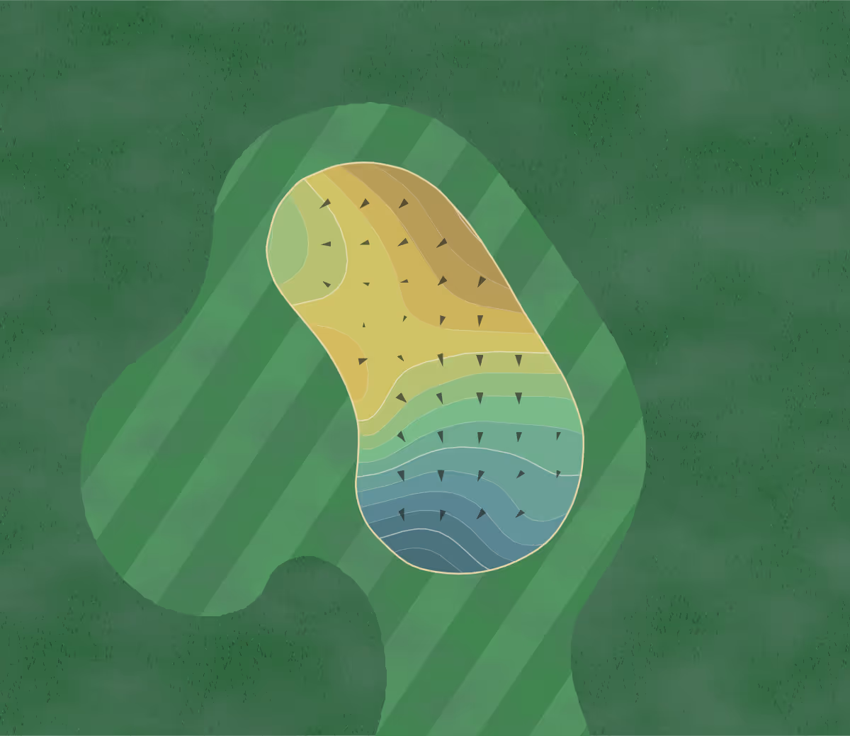 Green contour map of Fountains Course in Escondido, California — 201 elevation contours at a 3-inch interval with fall-line arrows, traced from 1-meter lidar