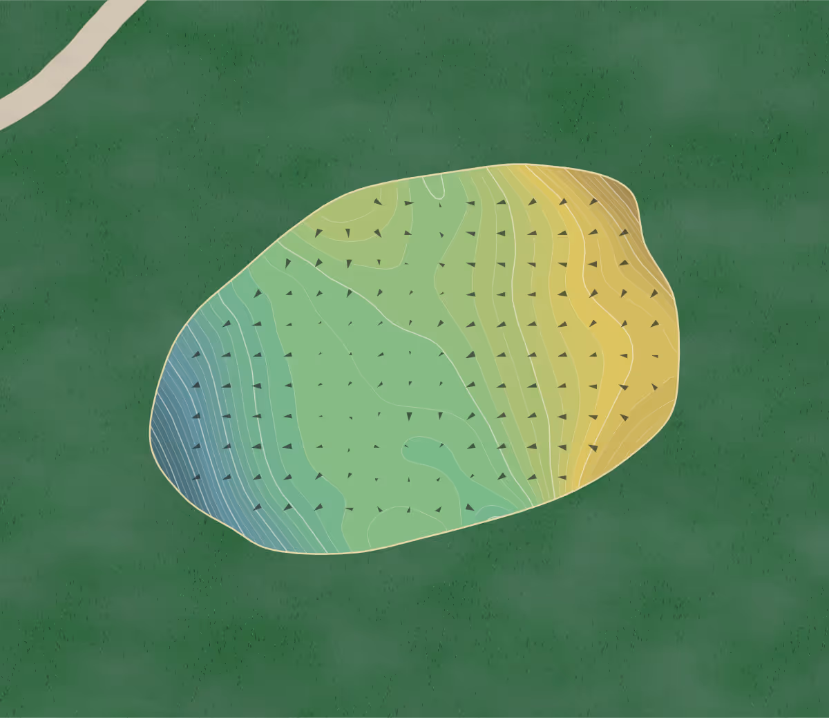 Green contour map of Four Oaks in Dracut, Massachusetts — 228 elevation contours at a 3-inch interval with fall-line arrows, traced from 1-meter lidar