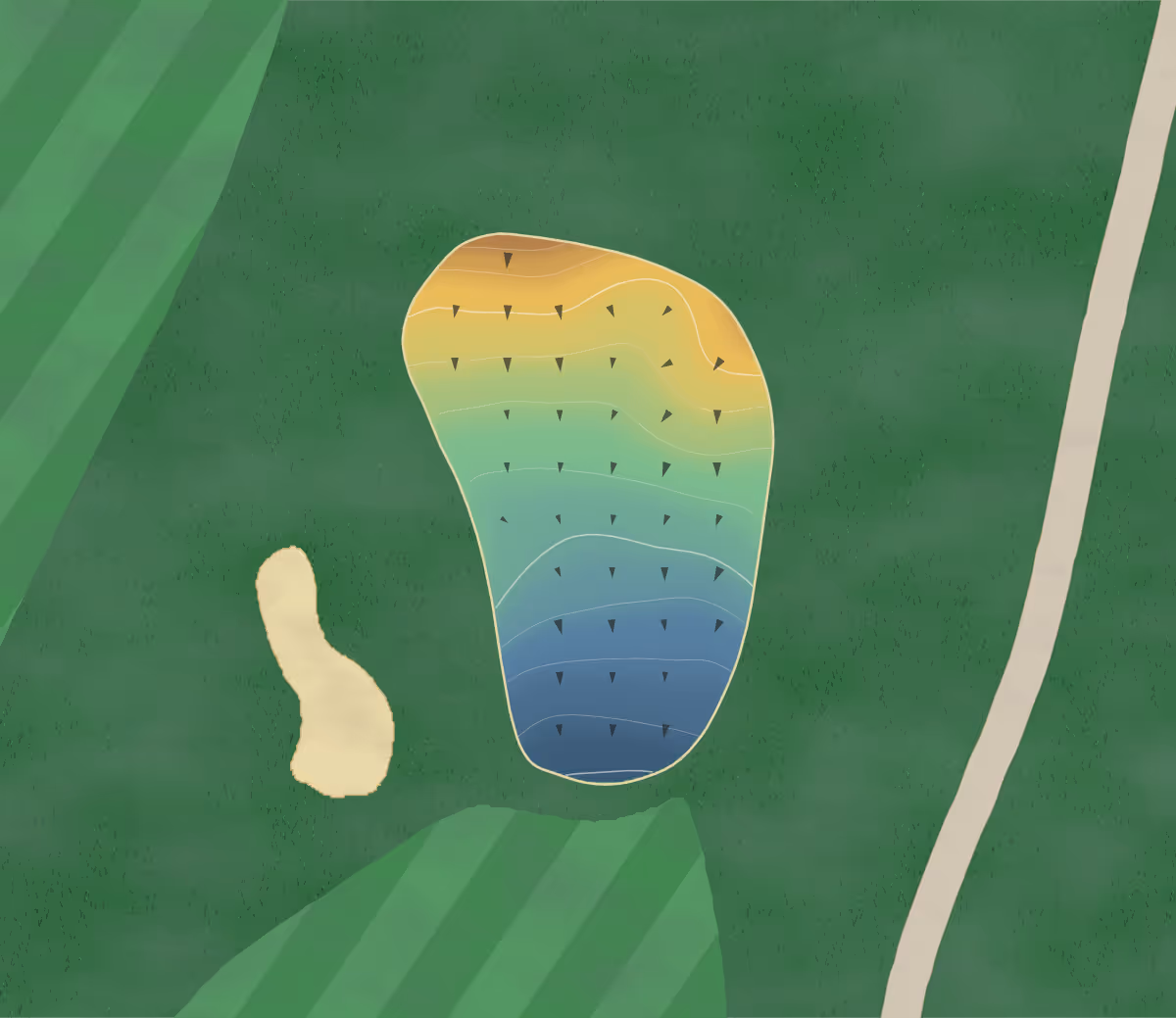 Green contour map of Four Seasons in Chesterfield, Missouri — 69 elevation contours at a 3-inch interval with fall-line arrows, traced from 1-meter lidar