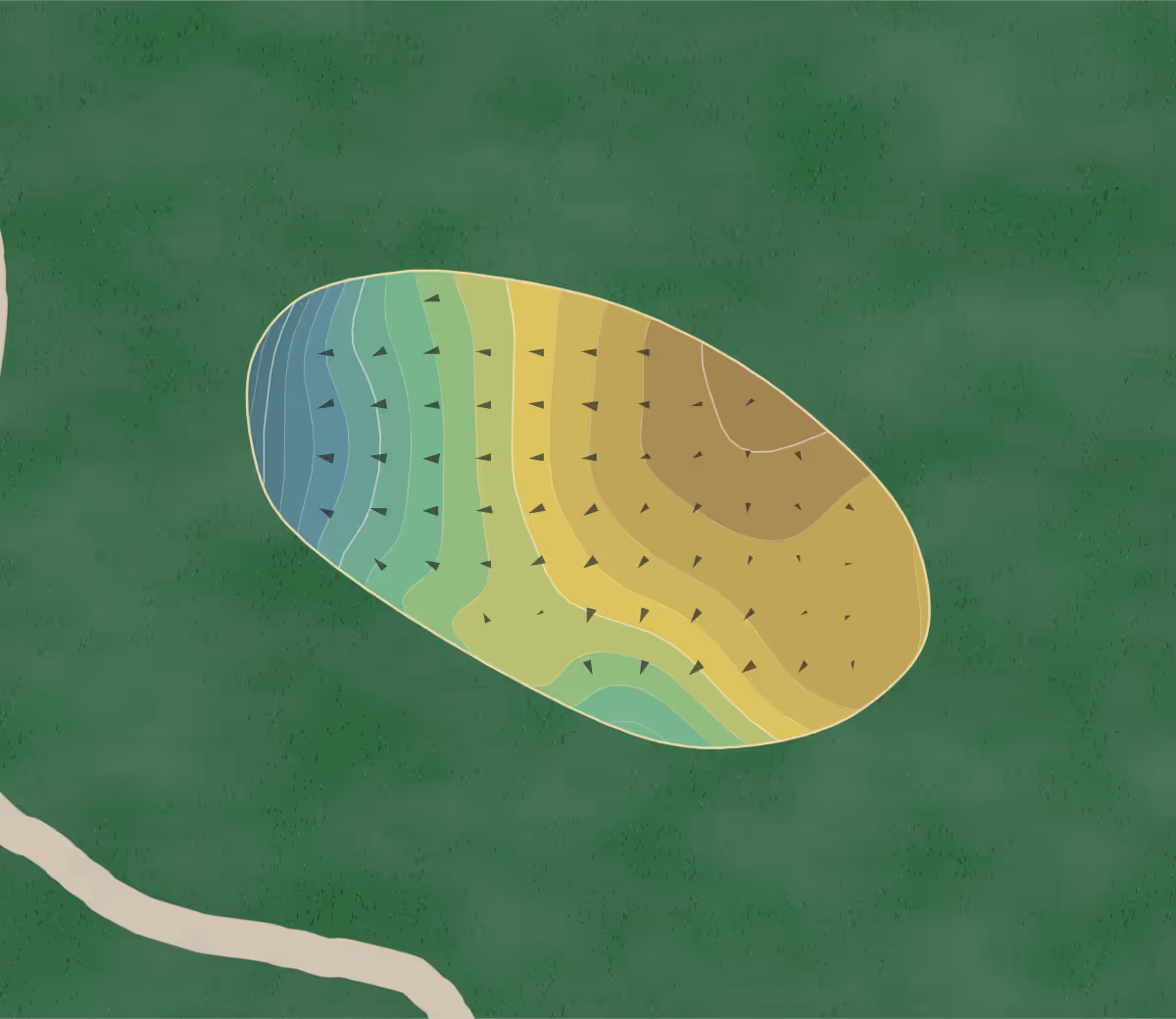 Green contour map of Fowler's in Chesterland, Ohio — 87 elevation contours at a 3-inch interval with fall-line arrows, traced from 1-meter lidar