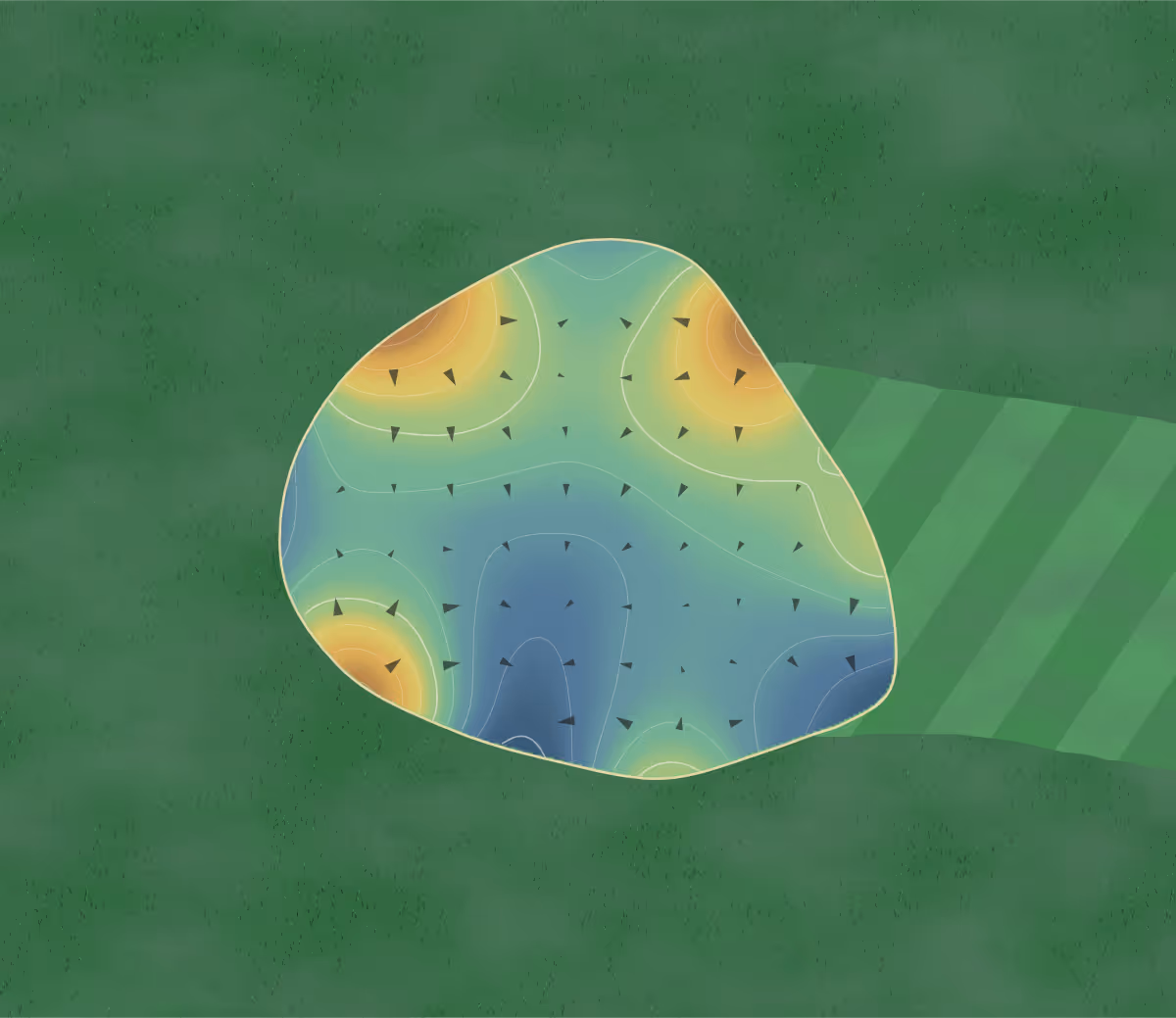 Green contour map of Fox Creek in Smyrna, Georgia — 204 elevation contours at a 3-inch interval with fall-line arrows, traced from 1-meter lidar