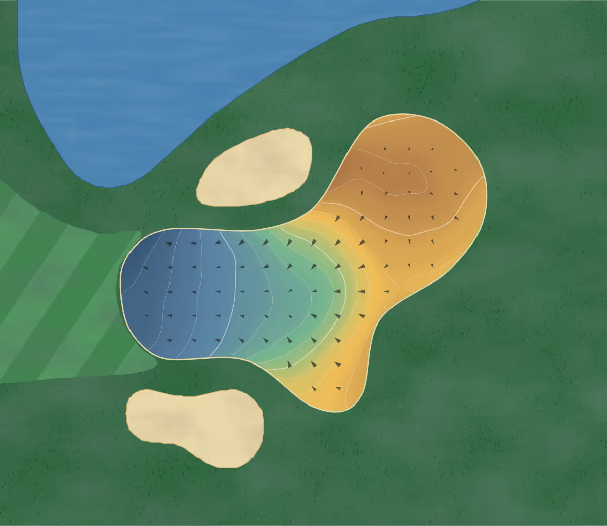Green contour map of Fox Glen in McGregor, Canada — 149 elevation contours at a 8-centimeter interval with fall-line arrows, traced from 1-meter lidar