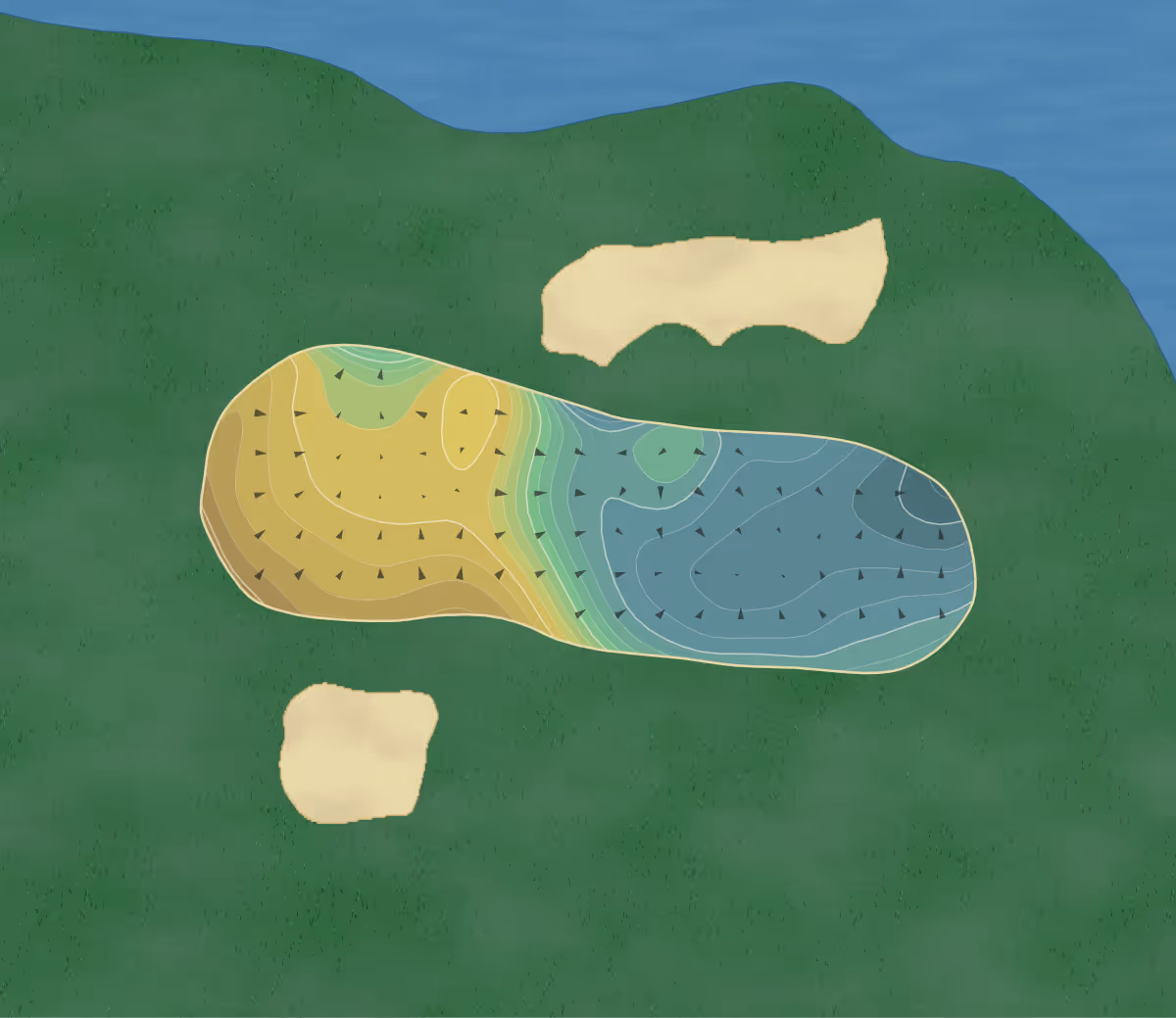 Green contour map of Fox Run in Ludlow, Vermont — 245 elevation contours at a 3-inch interval with fall-line arrows, traced from 1-meter lidar
