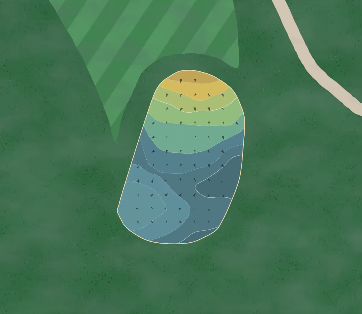 Green contour map of Foxcroft GC in Dover-Foxcroft, Maine — 64 elevation contours at a 3-inch interval with fall-line arrows, traced from 1-meter lidar