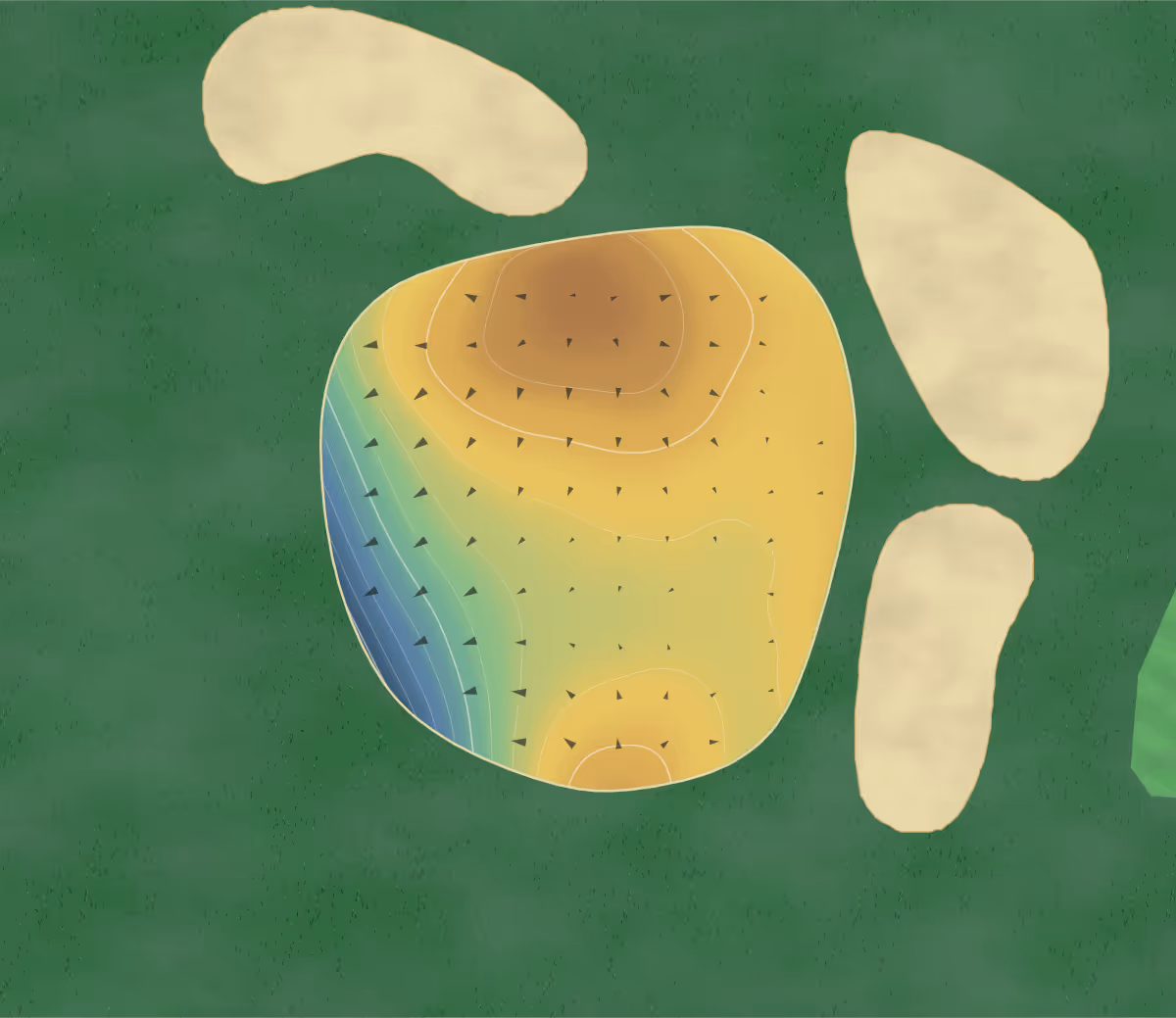 Green contour map of Frankfort Commons in Frankfort, Indiana — 135 elevation contours at a 3-inch interval with fall-line arrows, traced from 1-meter lidar