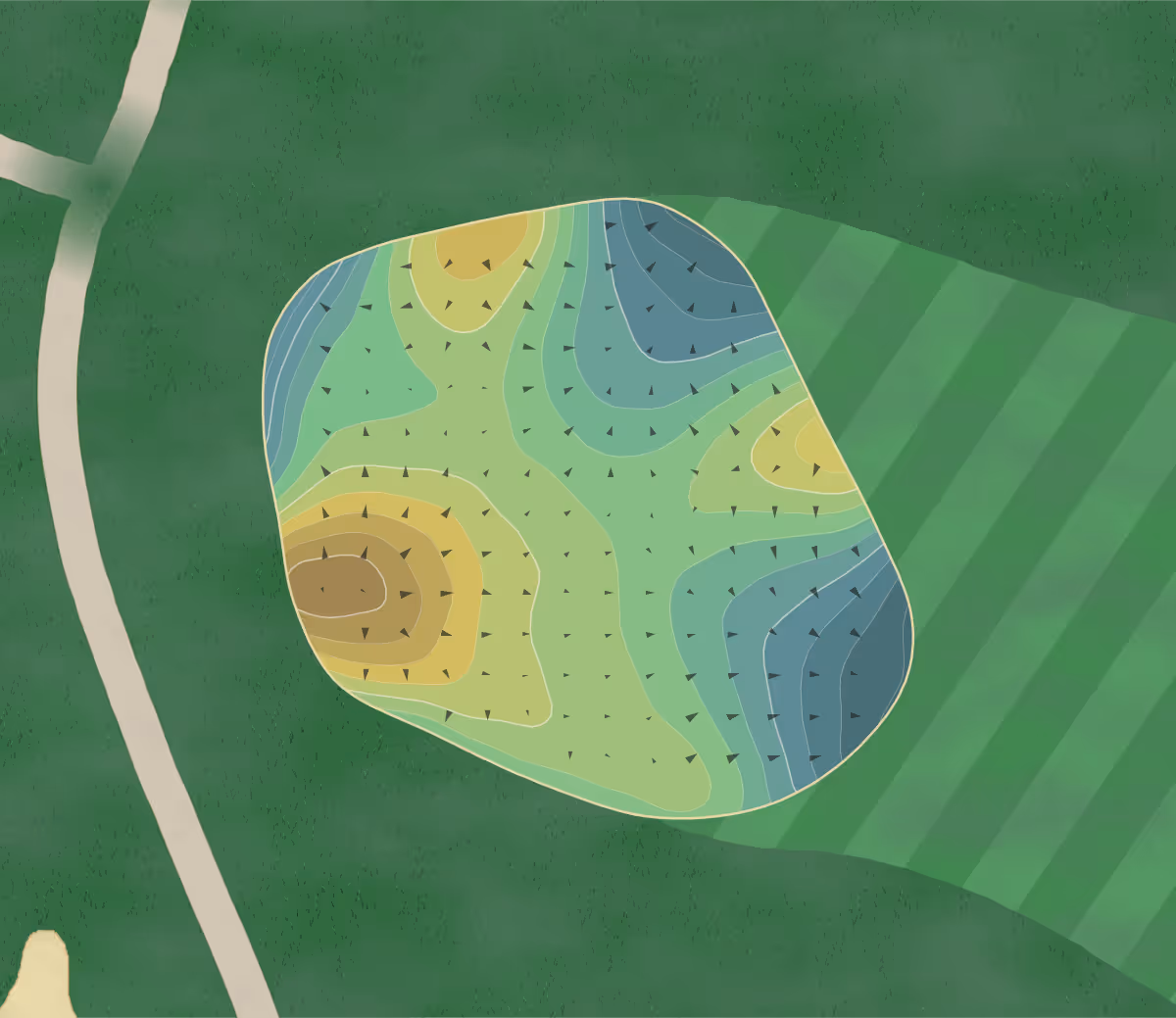 Green contour map of Franklin Hills in Franklin, Michigan — 430 elevation contours at a 3-inch interval with fall-line arrows, traced from 1-meter lidar