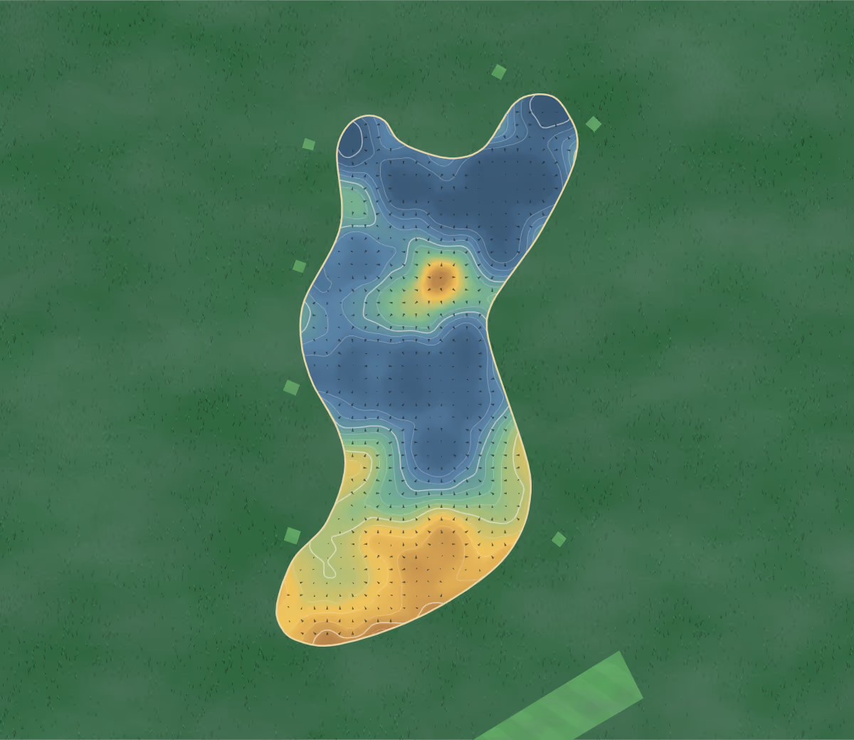 Green contour map of Fraserburgh in Fraserburgh, Scotland: 206 elevation contours at a 8-centimeter interval with fall-line arrows, traced from 1-meter lidar