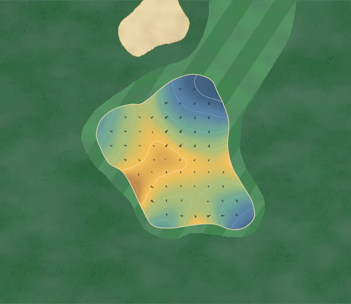 Green contour map of Fraserglen in South Parallel Road, Canada — 71 elevation contours at a 8-centimeter interval with fall-line arrows, traced from 1-meter lidar