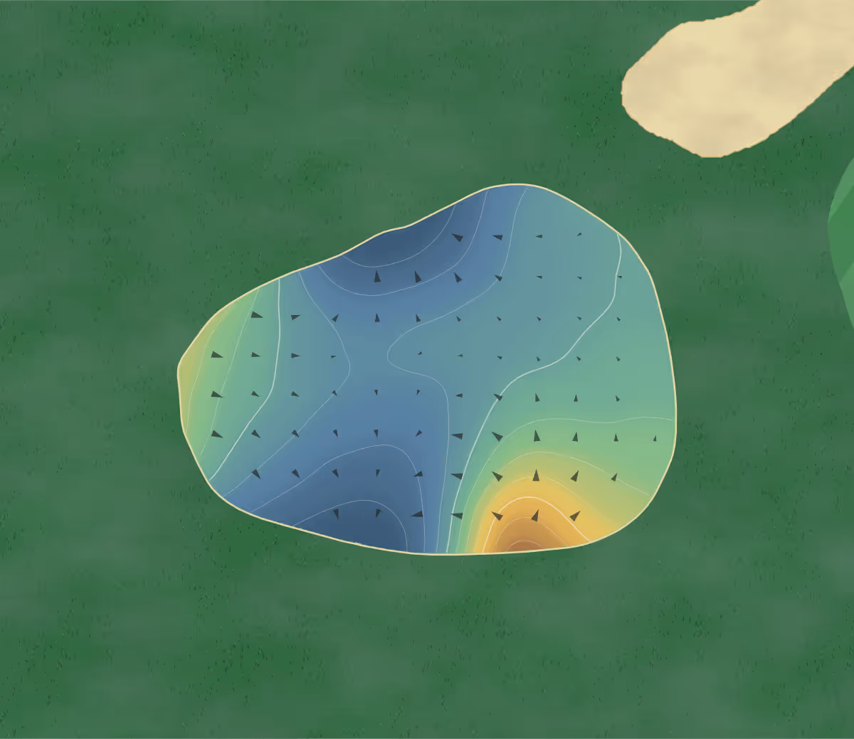 Green contour map of Fredericksburg in Fredericksburg, Virginia — 140 elevation contours at a 3-inch interval with fall-line arrows, traced from 1-meter lidar