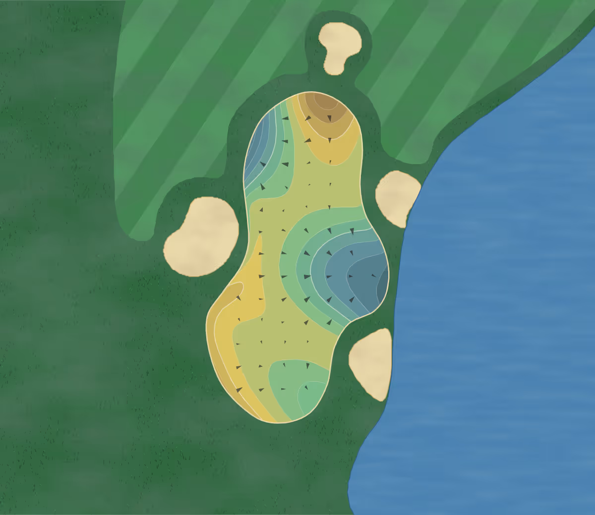 Green contour map of Frenchman's Creek in Palm Beach Gardens, Florida — 83 elevation contours at a 3-inch interval with fall-line arrows, traced from 1-meter lidar