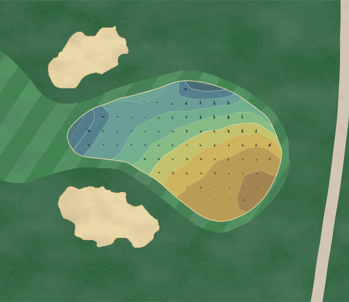 Green contour map of Fresh Pond in Cambridge, Massachusetts — 99 elevation contours at a 3-inch interval with fall-line arrows, traced from 1-meter lidar