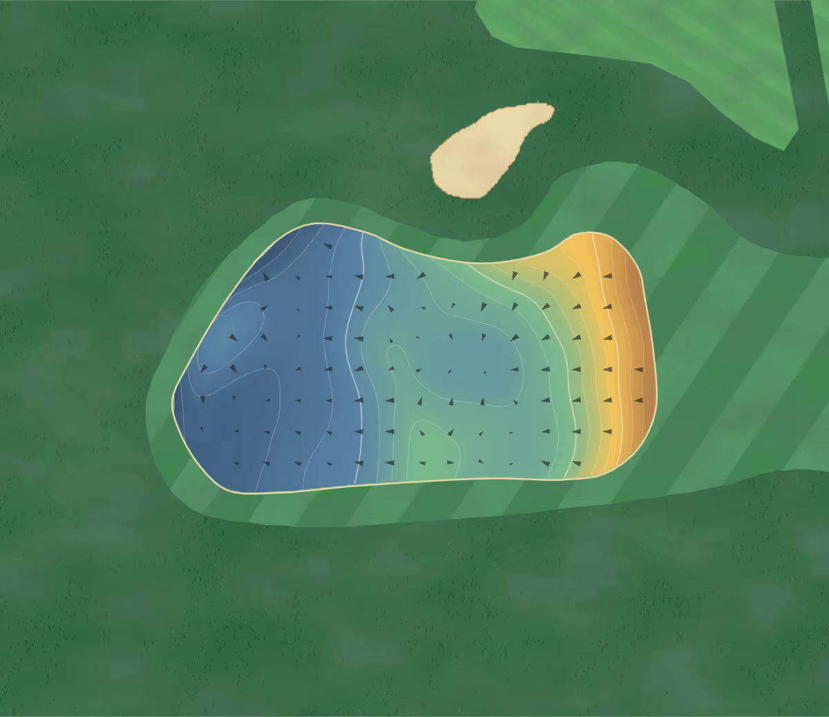 Green contour map of Freshwater in Hampshire, England — 198 elevation contours at a 8-centimeter interval with fall-line arrows, traced from 1-meter lidar