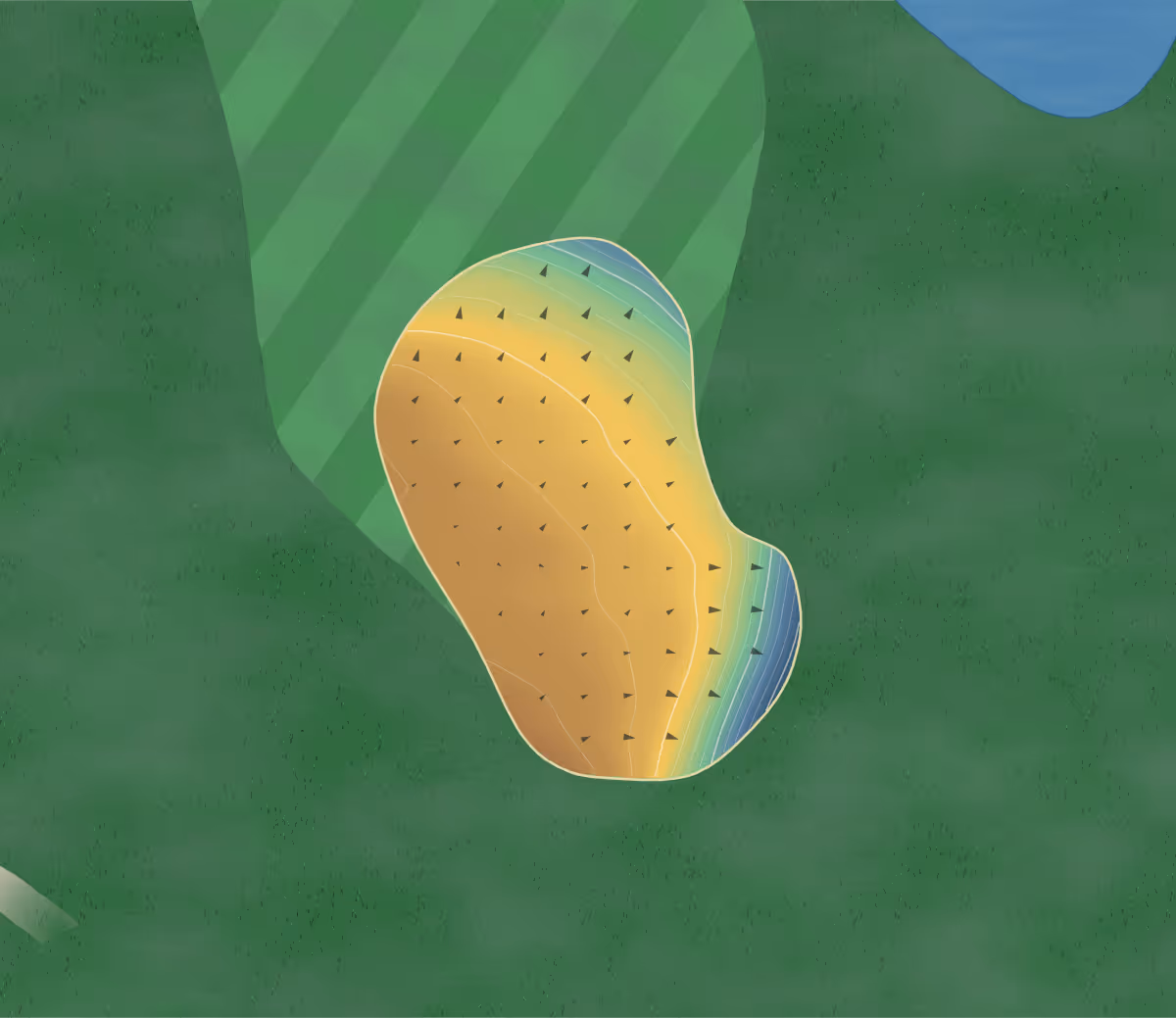Green contour map of Frilford Heath in Abingdon, England: 150 elevation contours at a 8-centimeter interval with fall-line arrows, traced from 1-meter lidar