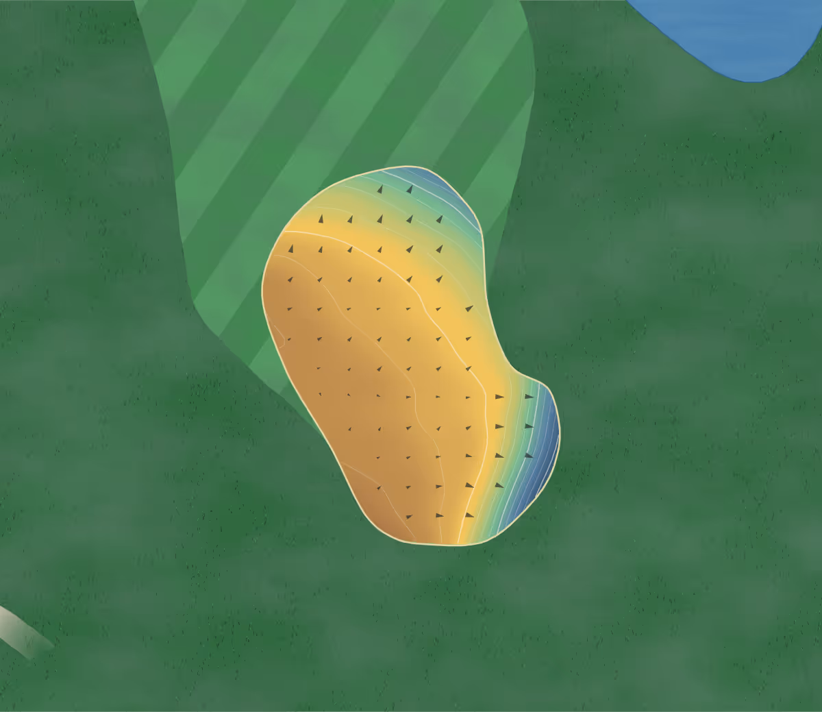 Green contour map of Frilford Heath in Abingdon, Oxfordshire, England — 150 elevation contours at a 8-centimeter interval with fall-line arrows, traced from 1-meter lidar