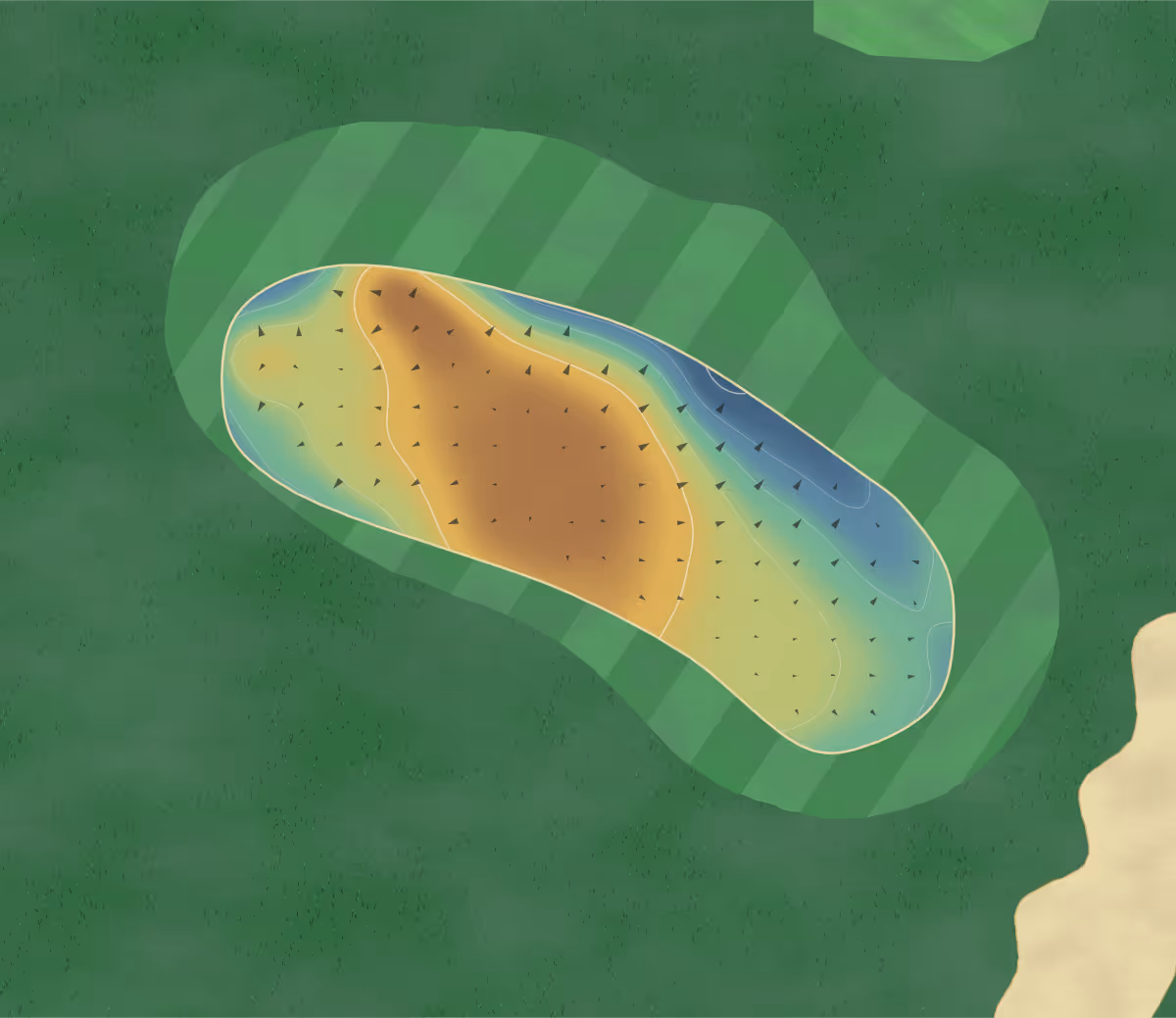Green contour map of Frinton in Frinton on Sea, England: 28 elevation contours at a 8-centimeter interval with fall-line arrows, traced from 1-meter lidar