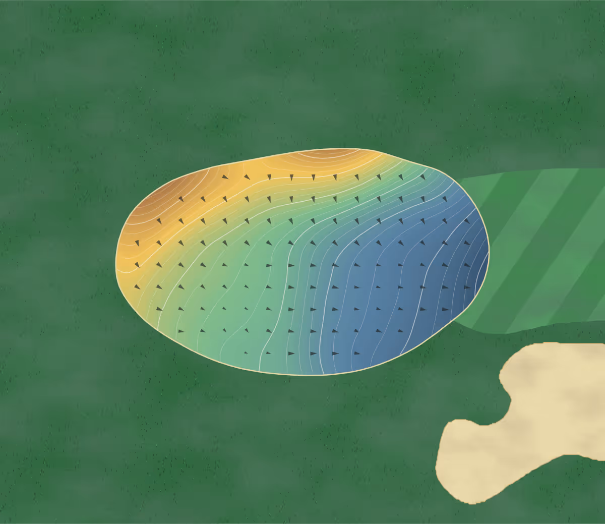 Green contour map of Frog's Breath in Hudson, Canada — 158 elevation contours at a 8-centimeter interval with fall-line arrows, traced from 1-meter lidar
