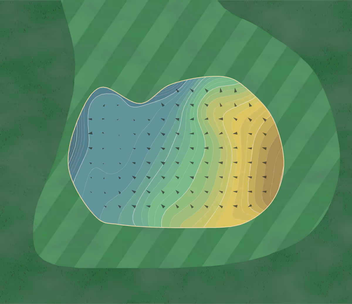 Green contour map of Front/Middle at Elms, The in North Lawrence, Ohio — 306 elevation contours at a 3-inch interval with fall-line arrows, traced from 1-meter lidar