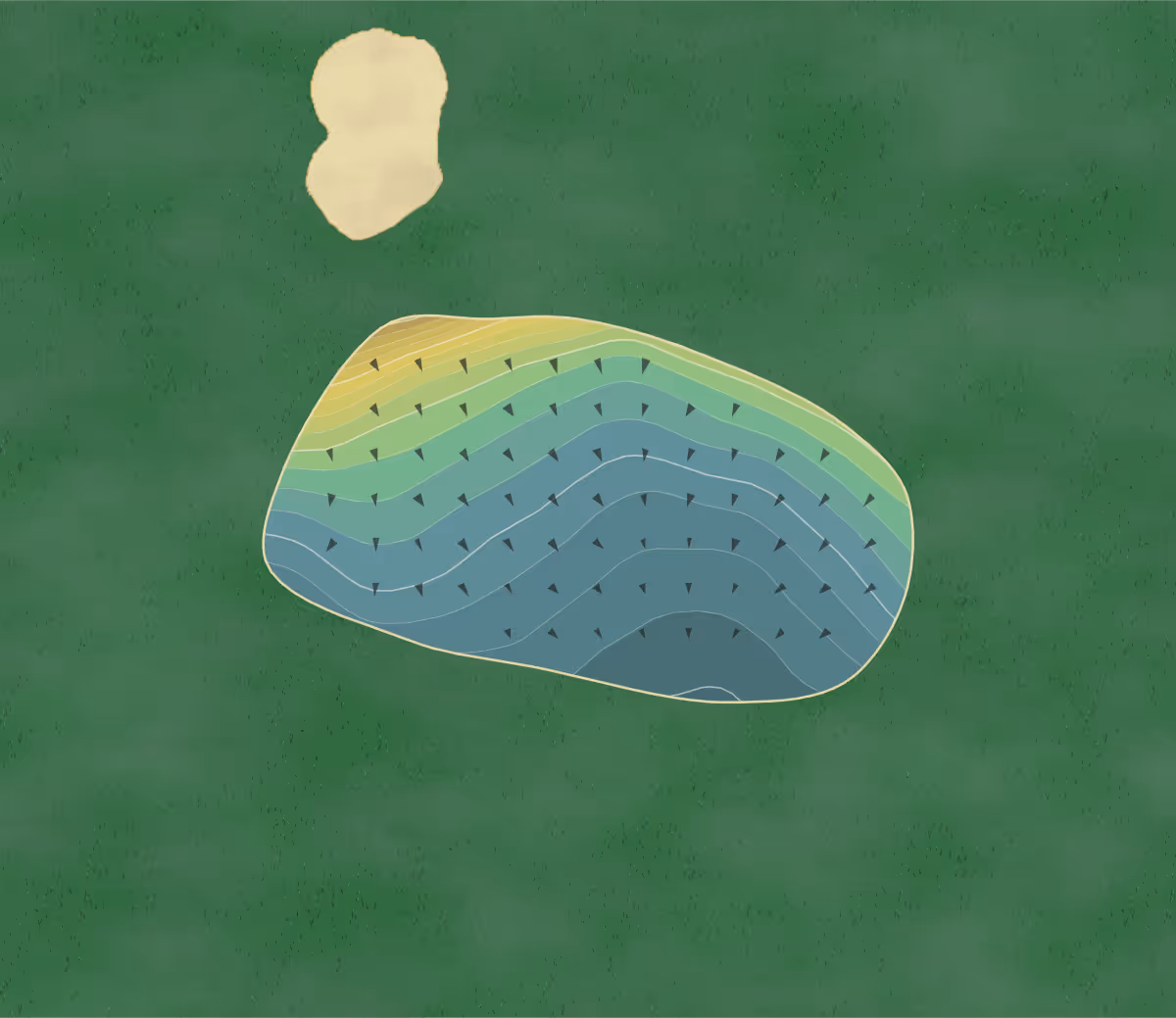 Green contour map of Fulneck GC in Pudsey, England — 109 elevation contours at a 8-centimeter interval with fall-line arrows, traced from 1-meter lidar
