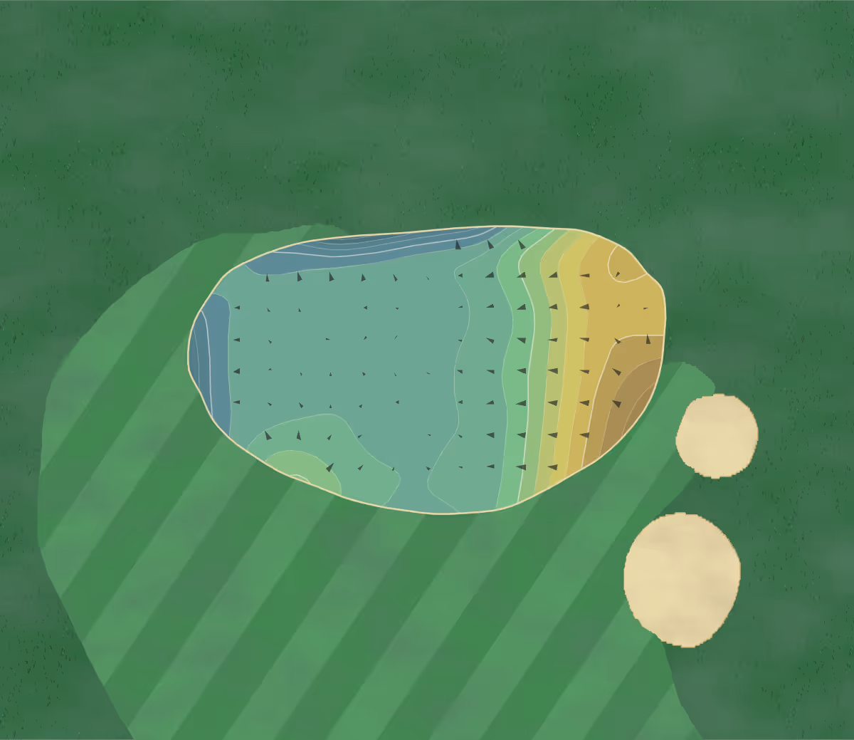 Green contour map of Furness GC in Barrow-in-Furness, England — 155 elevation contours at a 8-centimeter interval with fall-line arrows, traced from 1-meter lidar