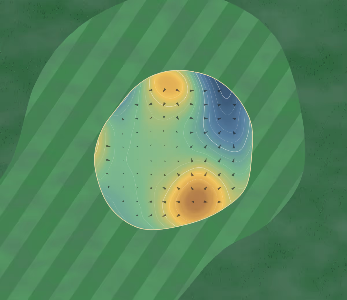 Green contour map of Gackle Country Club in Gackle Country Club, North Dakota — 134 elevation contours at a 3-inch interval with fall-line arrows, traced from 1-meter lidar