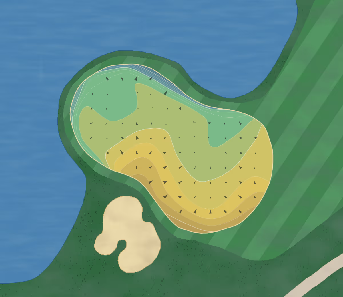 Green contour map of Gaillardia in Oklahoma City, Oklahoma — 226 elevation contours at a 3-inch interval with fall-line arrows, traced from 1-meter lidar