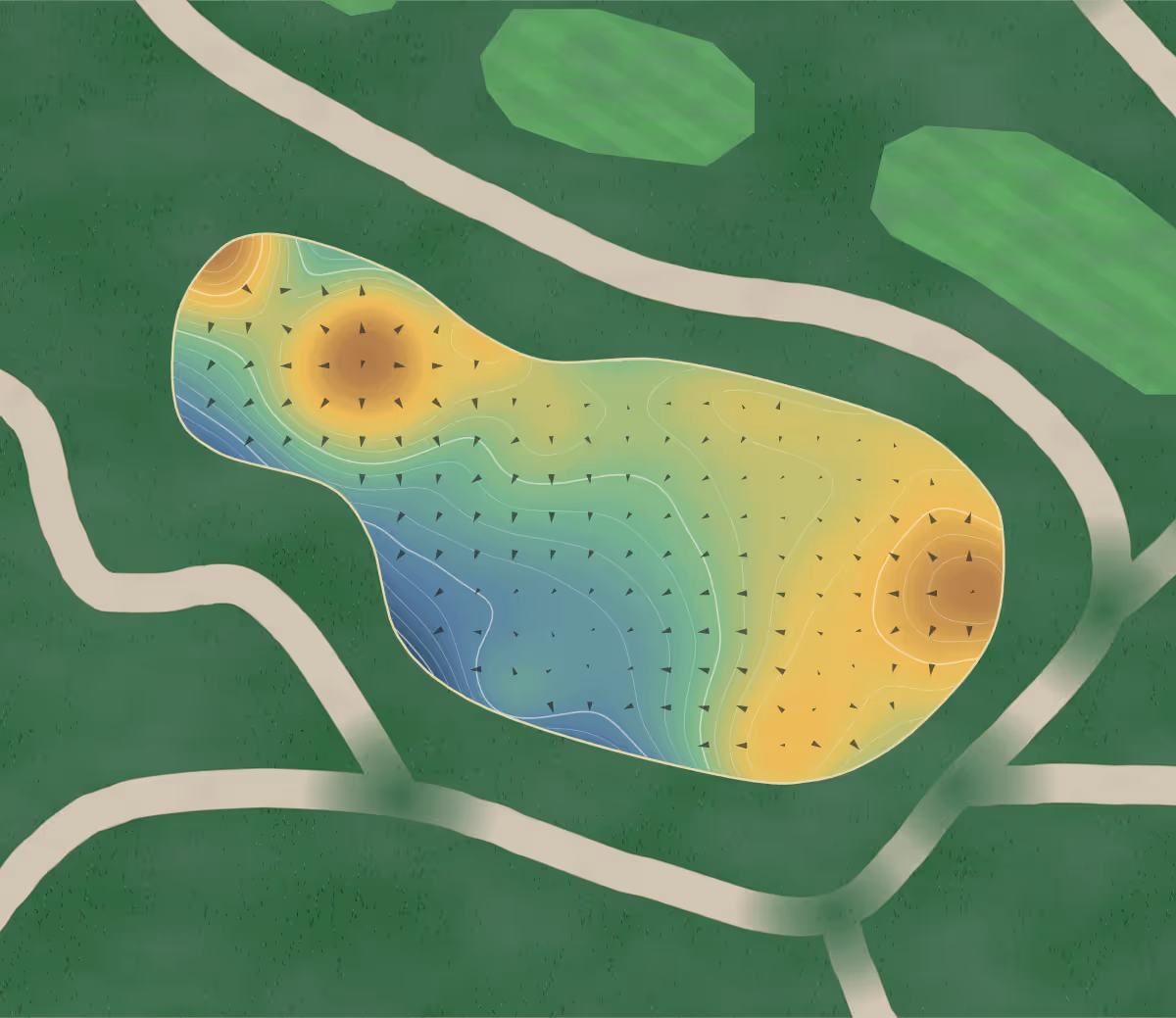 Green contour map of Gainey Ranch in Scottsdale, Arizona: 210 elevation contours at a 3-inch interval with fall-line arrows, traced from 1-meter lidar