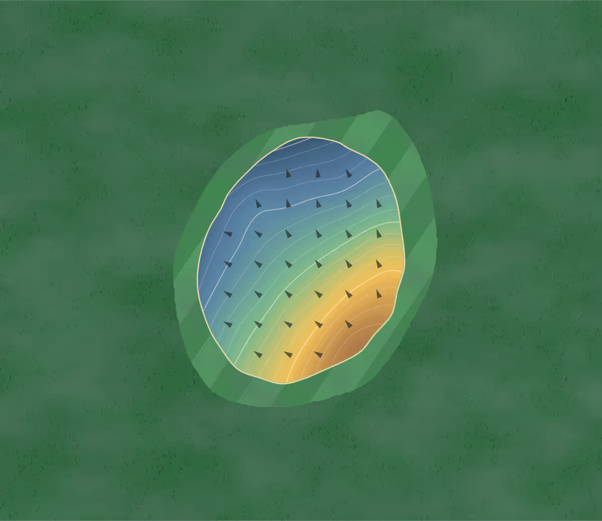 Green contour map of Gainfield Farms Gold in Southbury, Connecticut — 84 elevation contours at a 3-inch interval with fall-line arrows, traced from 1-meter lidar