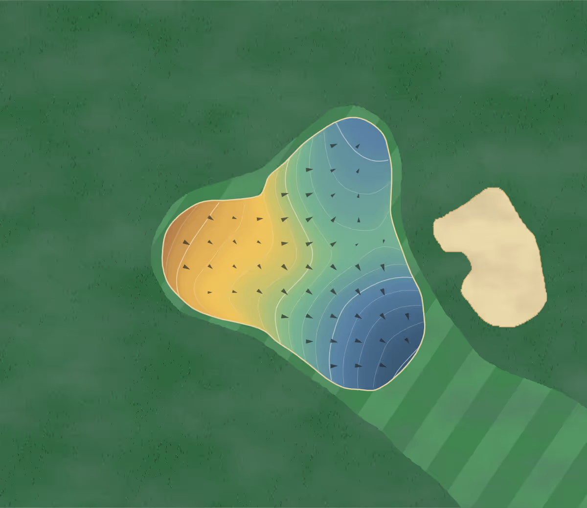Green contour map of Galt Country Club in Cambridge, Canada — 156 elevation contours at a 8-centimeter interval with fall-line arrows, traced from 1-meter lidar