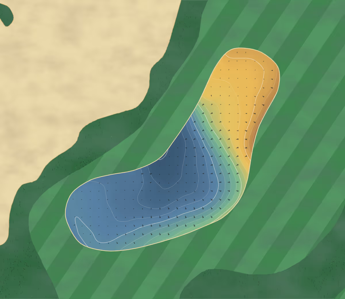 Green contour map of Gamble Sands in Brewster, Washington: 25 elevation contours at a 3-inch interval with fall-line arrows, traced from 1-meter lidar