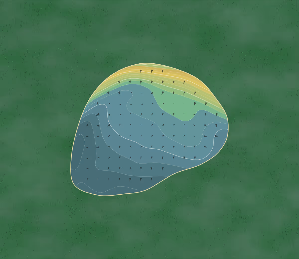 Green contour map of Ganstead Park in Hull, England — 175 elevation contours at a 8-centimeter interval with fall-line arrows, traced from 1-meter lidar