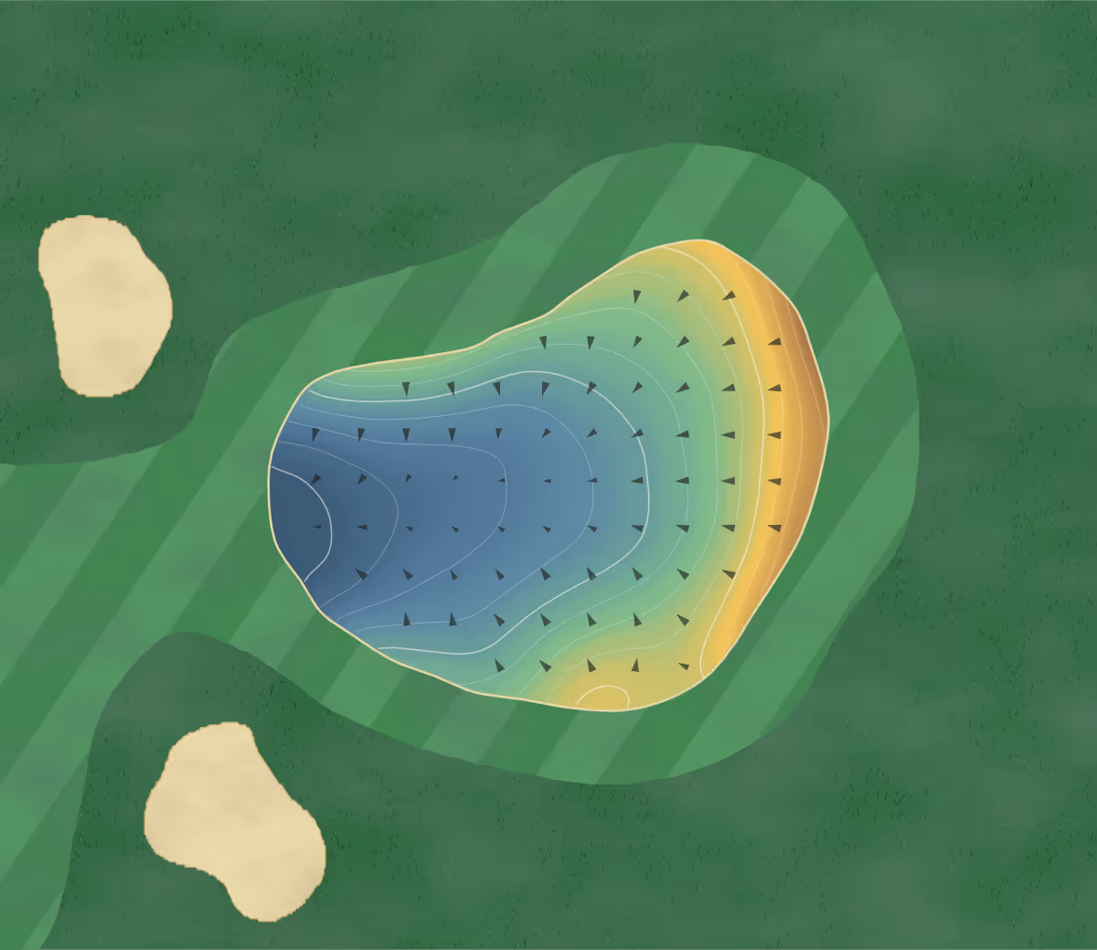 Green contour map of Garden Golf in Pulnoy, France — 19 elevation contours at a 8-centimeter interval with fall-line arrows, traced from 1-meter lidar