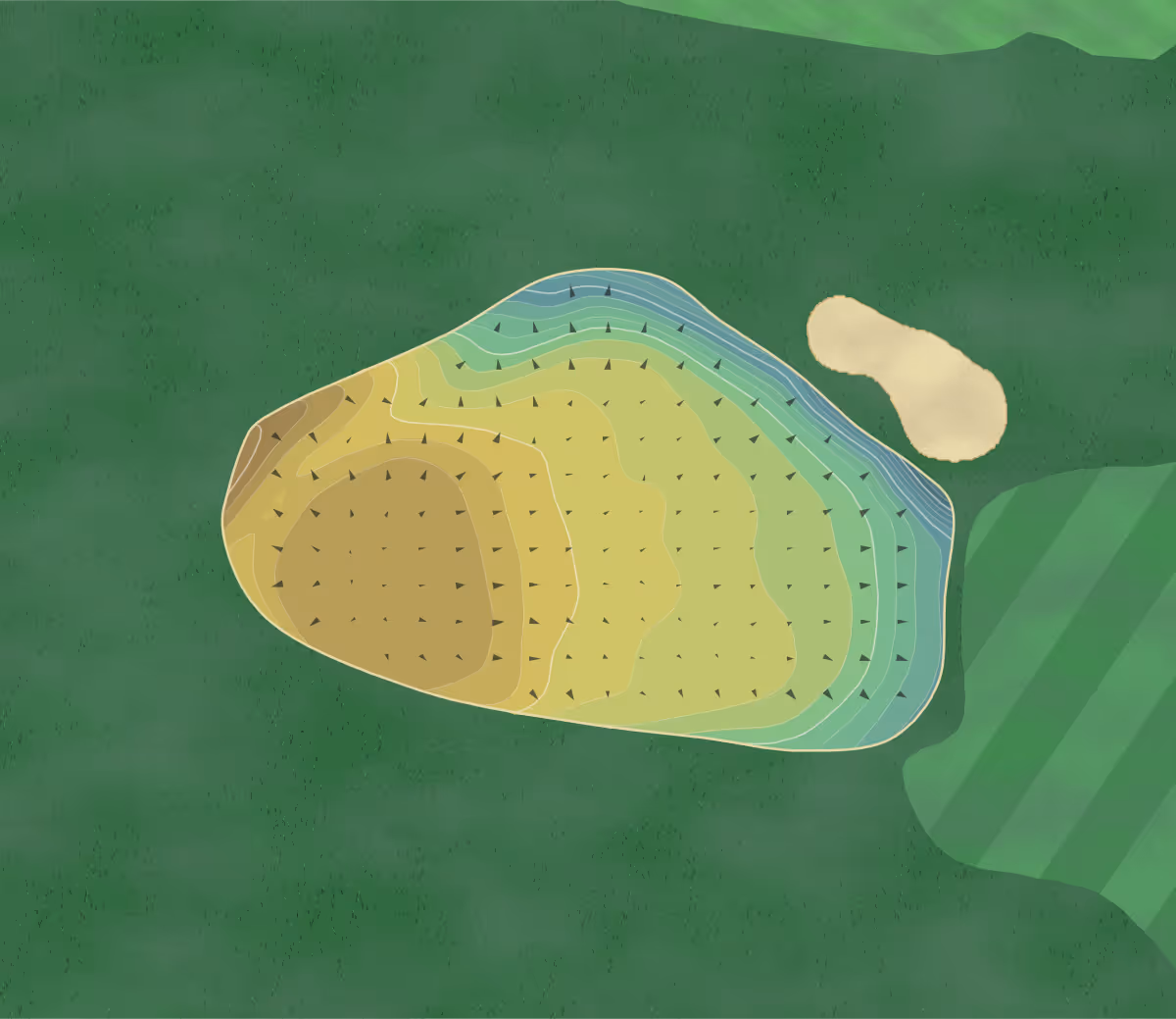 Green contour map of Garforth GC in Leeds, England — 182 elevation contours at a 8-centimeter interval with fall-line arrows, traced from 1-meter lidar