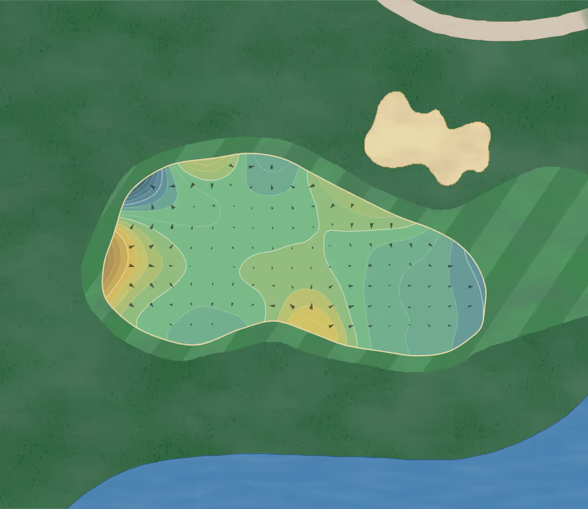 Green contour map of Garland Golf Course in Lewiston, Michigan — 527 elevation contours at a 3-inch interval with fall-line arrows, traced from 1-meter lidar