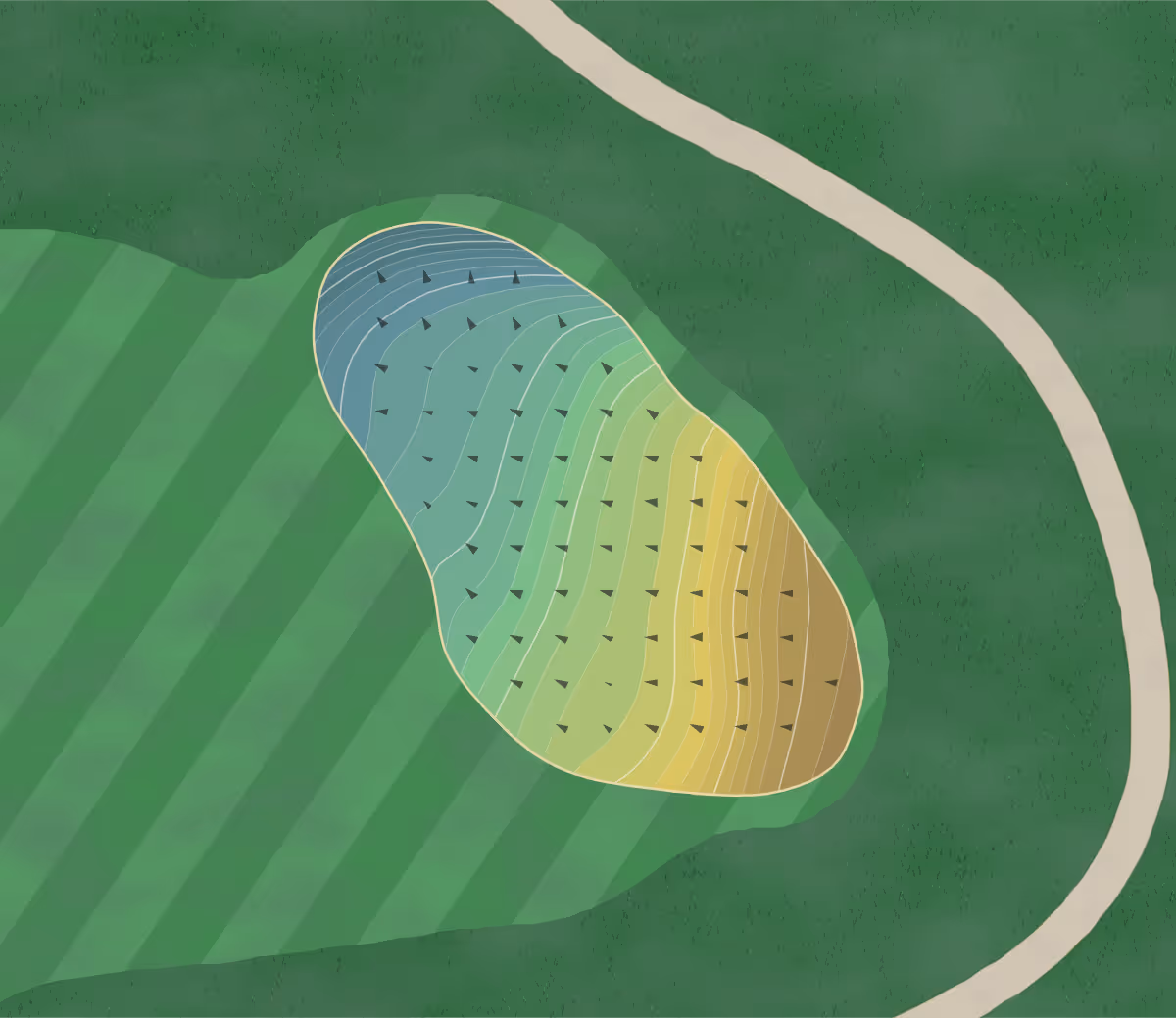 Green contour map of Garland in Lewiston, Michigan — 382 elevation contours at a 3-inch interval with fall-line arrows, traced from 1-meter lidar