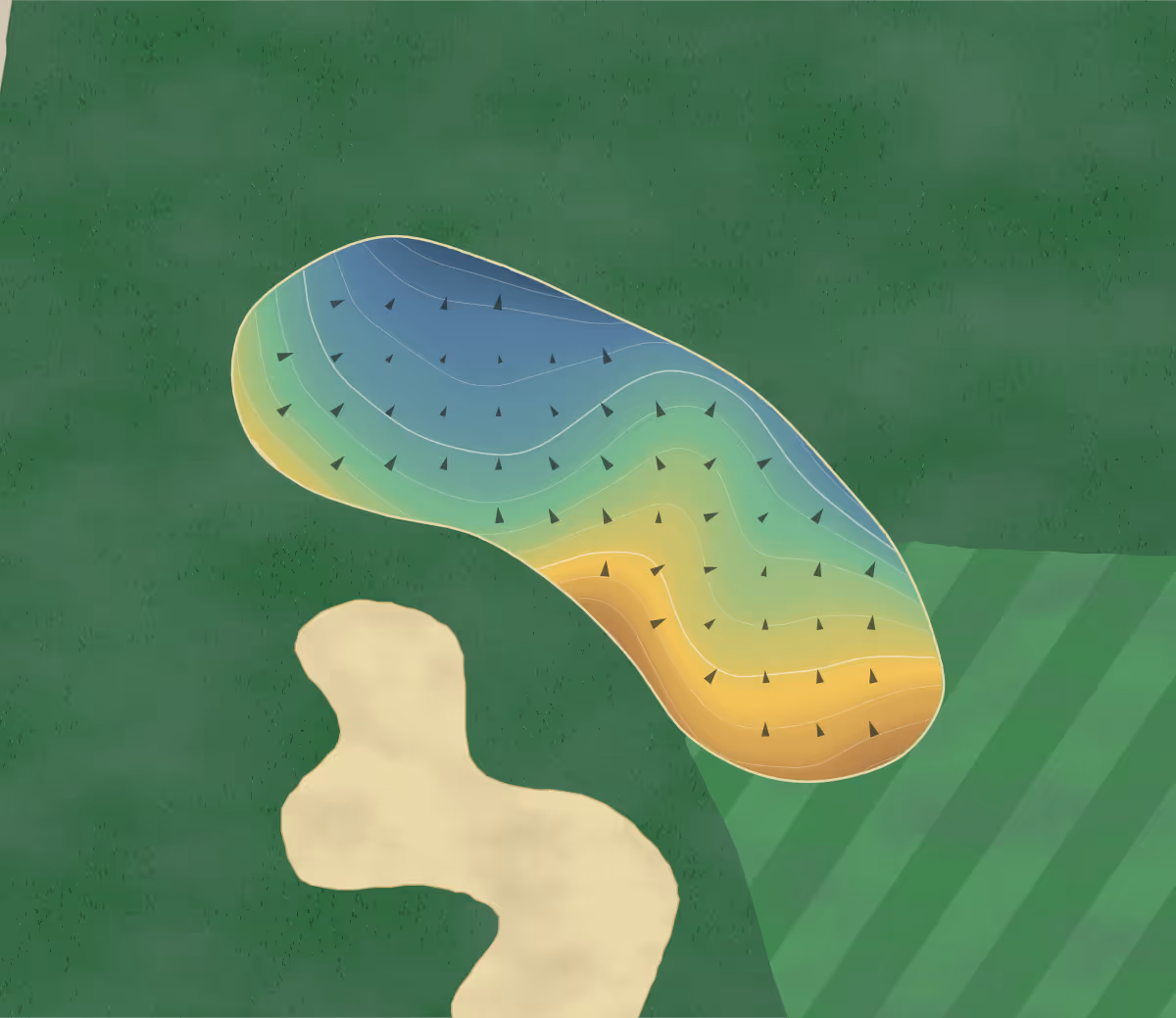 Green contour map of Garner CC in Garner, North Carolina: 144 elevation contours at a 3-inch interval with fall-line arrows, traced from 1-meter lidar