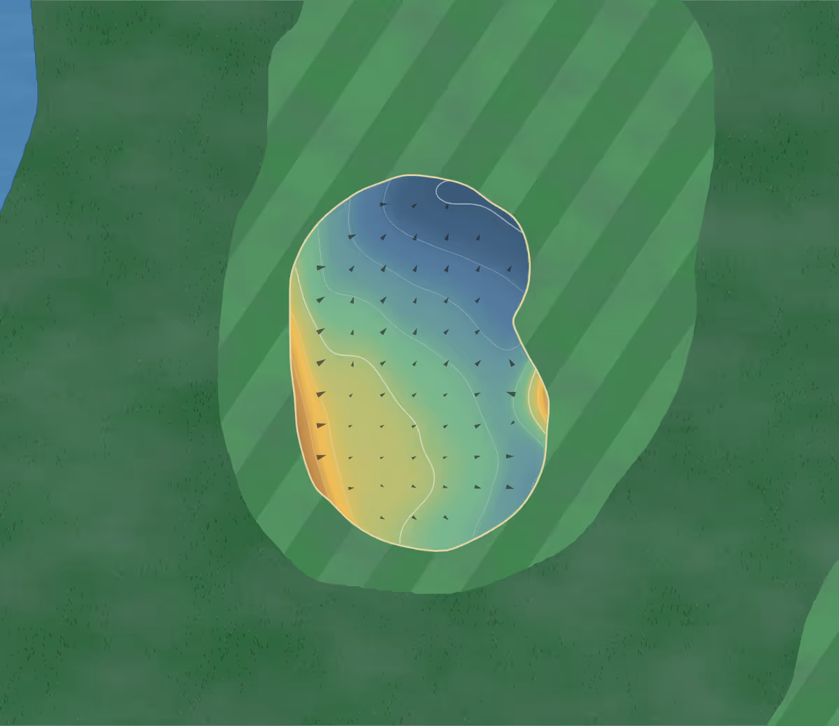 Green contour map of Garon Park in Southend-on-Sea, England: 53 elevation contours at a 8-centimeter interval with fall-line arrows, traced from 1-meter lidar