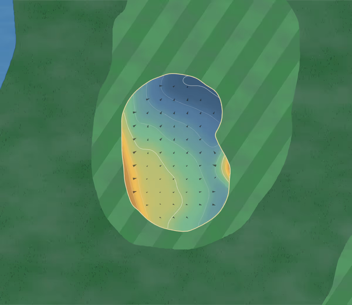 Green contour map of Garon Park in Southend-on-Sea, England — 53 elevation contours at a 8-centimeter interval with fall-line arrows, traced from 1-meter lidar