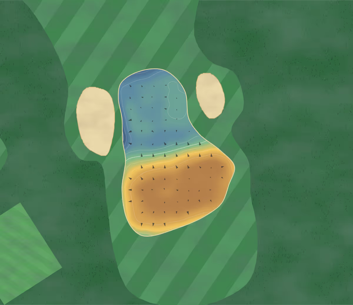 Green contour map of Garstang in Preston, United Kingdom — 131 elevation contours at a 8-centimeter interval with fall-line arrows, traced from 1-meter lidar