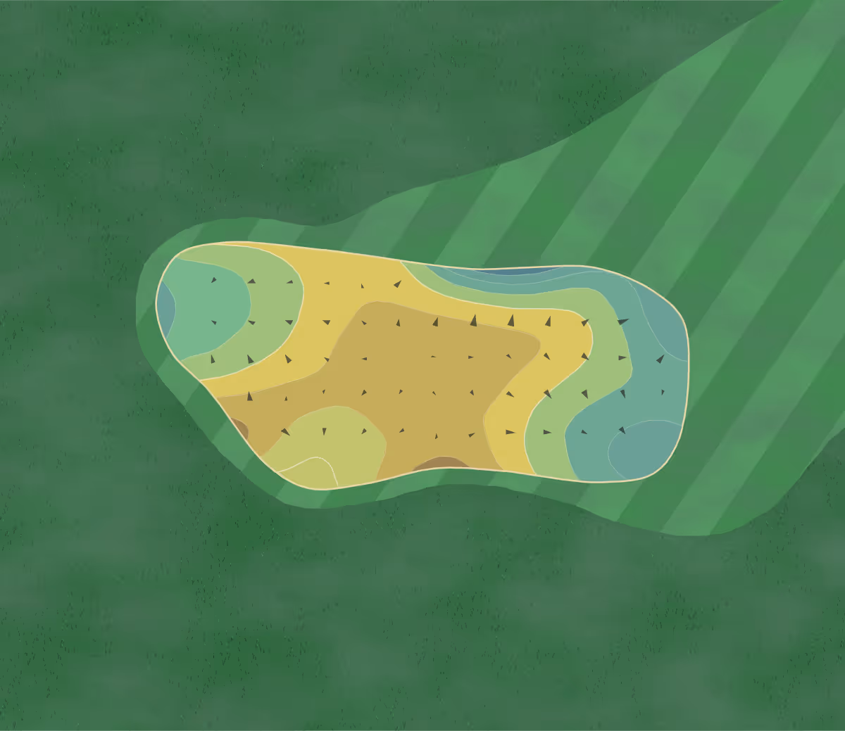 Green contour map of Gary Player in The Woodlands, Texas — 7 elevation contours at a 3-inch interval with fall-line arrows, traced from 1-meter lidar