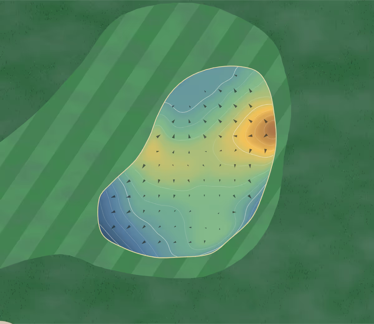 Green contour map of Gates Four in Fayetteville, North Carolina — 183 elevation contours at a 3-inch interval with fall-line arrows, traced from 1-meter lidar