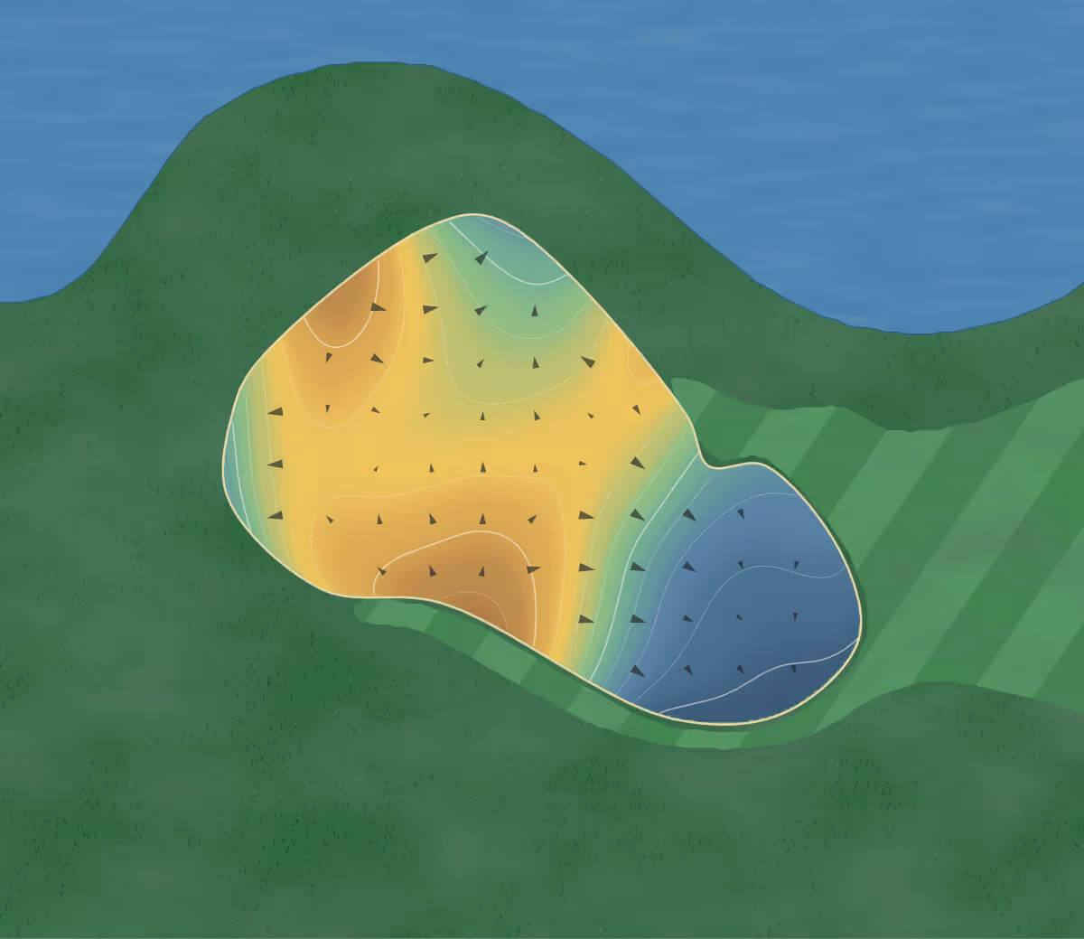 Green contour map of Gateway Park in Montgomery, Alabama — 186 elevation contours at a 3-inch interval with fall-line arrows, traced from 1-meter lidar