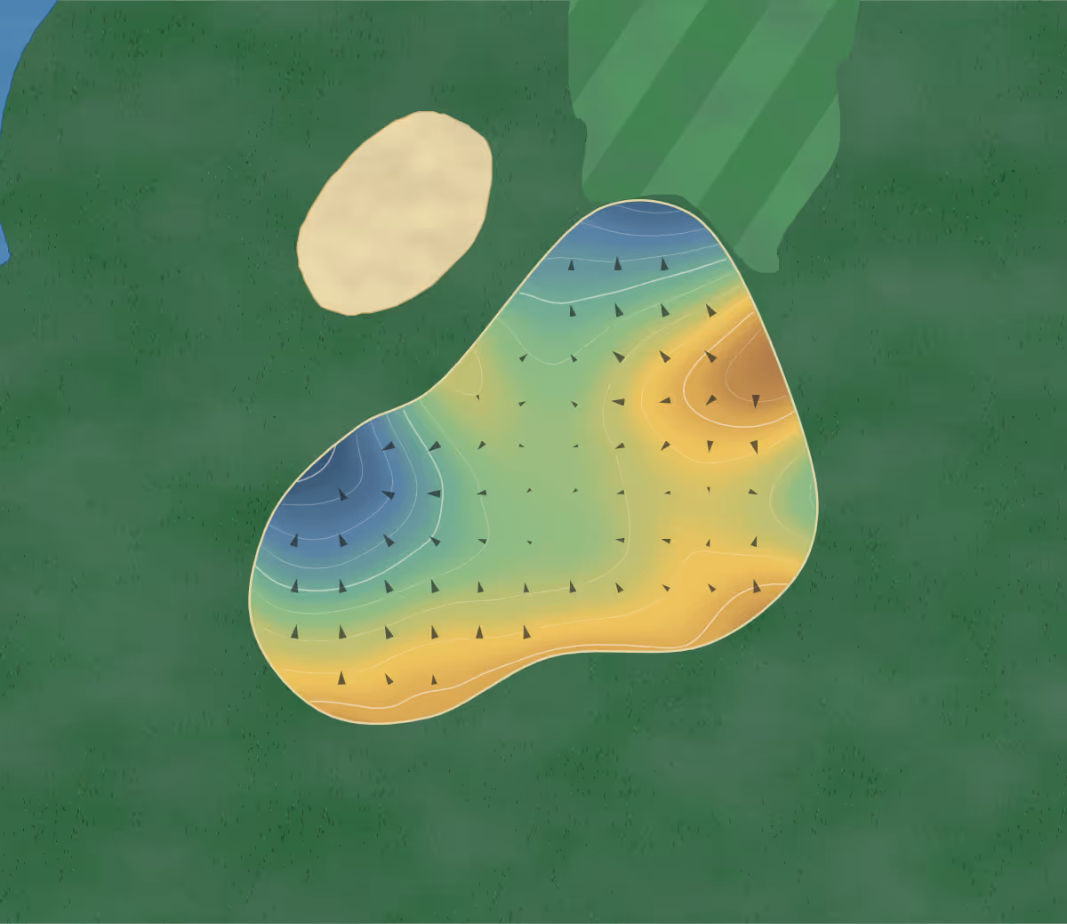 Green contour map of Gaylord Springs in Nashville, Tennessee: 218 elevation contours at a 3-inch interval with fall-line arrows, traced from 1-meter lidar