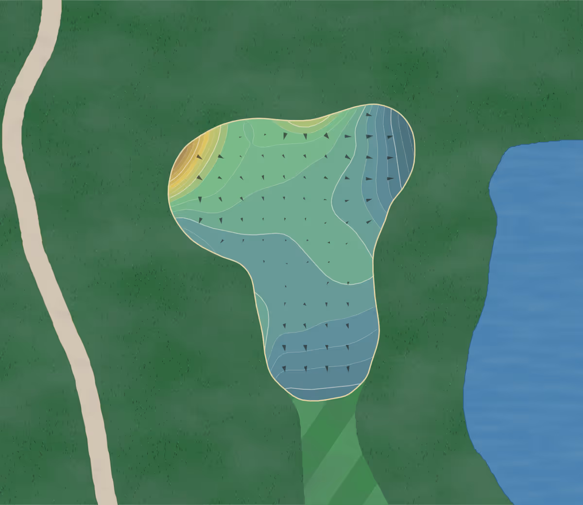 Green contour map of GC Cedar in Onalaska, Wisconsin — 215 elevation contours at a 3-inch interval with fall-line arrows, traced from 1-meter lidar