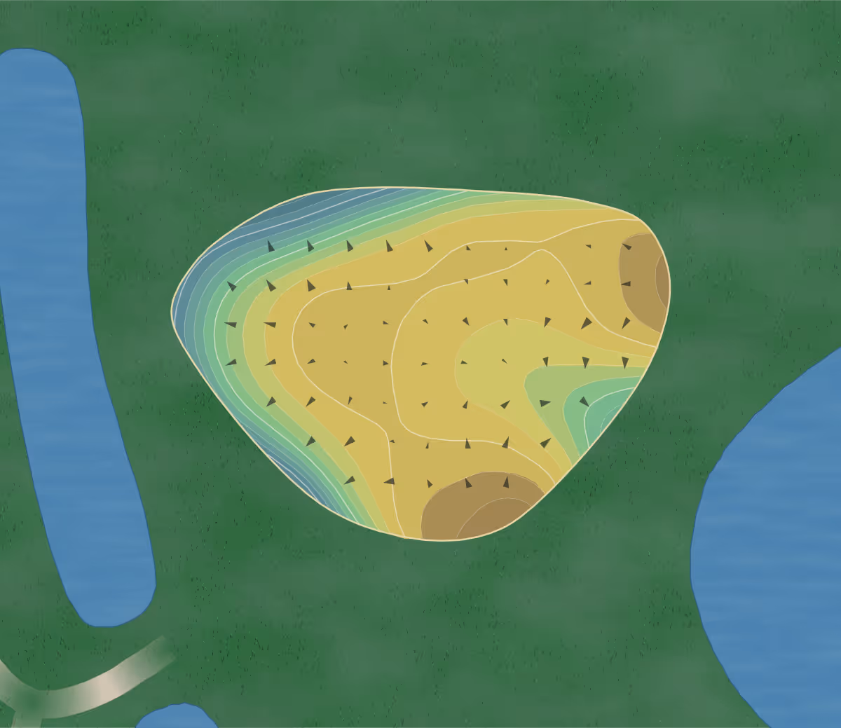 Green contour map of GC Champions in Rockvale, Tennessee — 187 elevation contours at a 3-inch interval with fall-line arrows, traced from 1-meter lidar