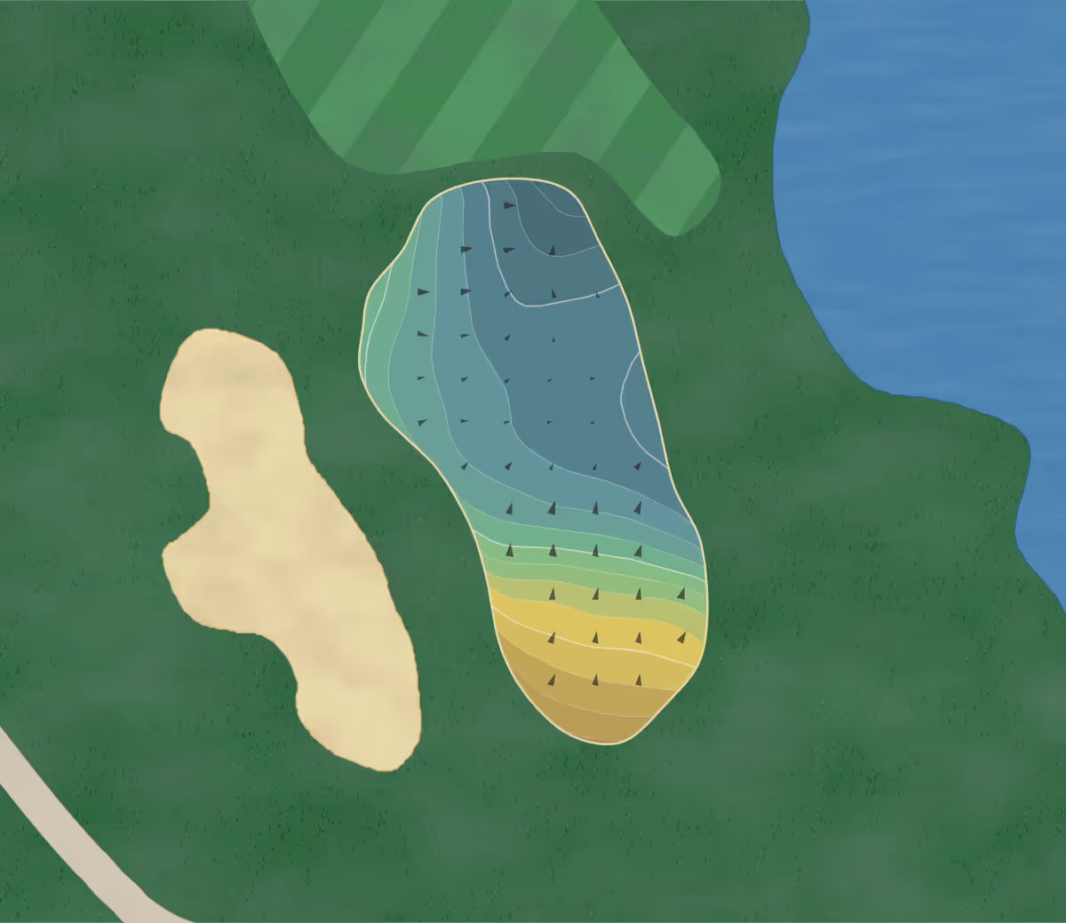 Green contour map of Gc Cinco in Katy, Texas — 208 elevation contours at a 3-inch interval with fall-line arrows, traced from 1-meter lidar