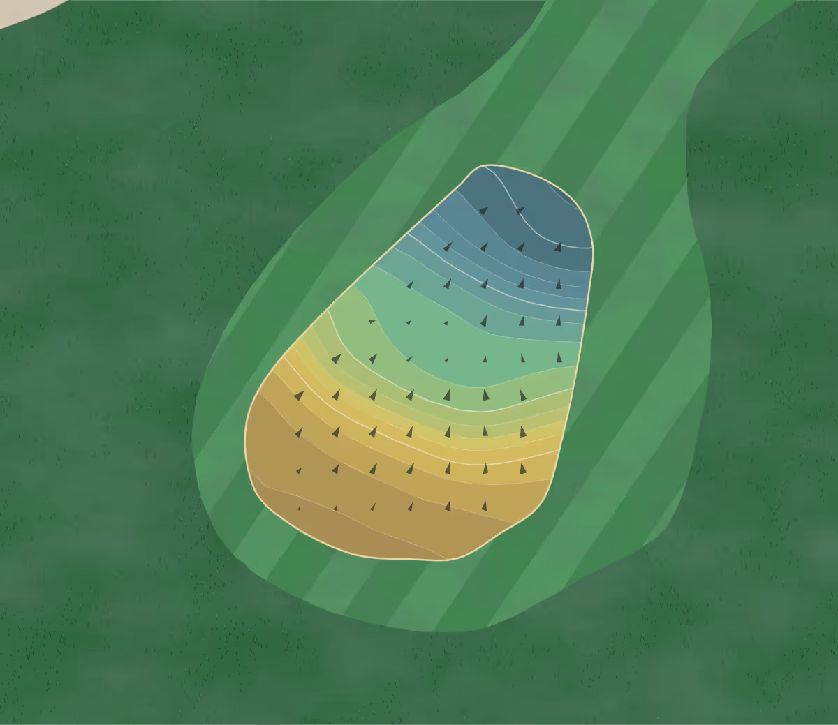 Green contour map of GC Quail in St. Louis, Missouri — 196 elevation contours at a 3-inch interval with fall-line arrows, traced from 1-meter lidar